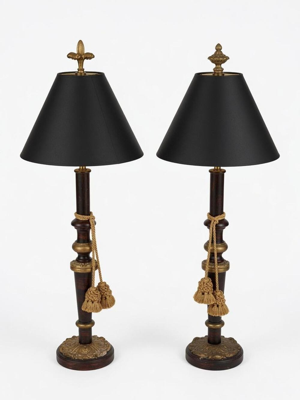 Vintage Frederick Cooper French Provincial Table Lamps Pair Black Shade Tassel